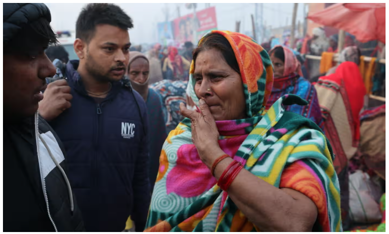 People in distress, crying and searching for their loved ones amidst the chaos following the stampede at the Kumbh Mela festival.