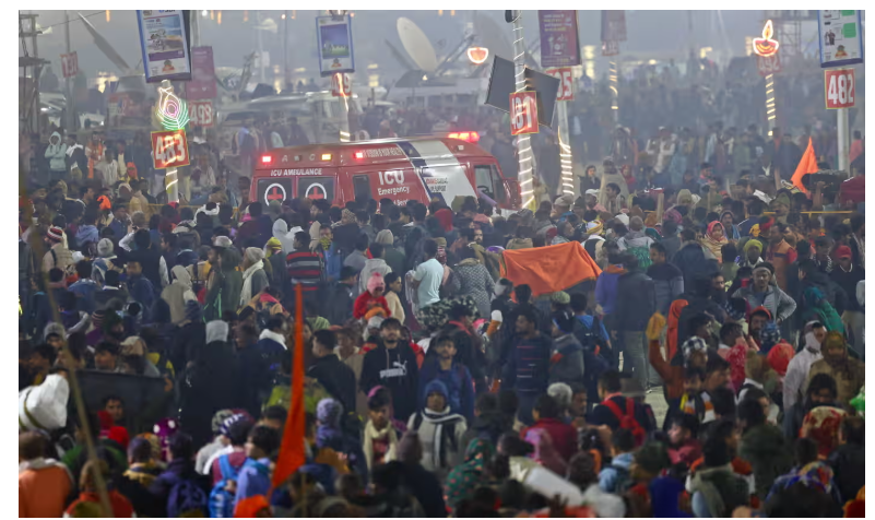 Chaos at Kumbh Mela Festival as crowds rush to take ritual baths, leading to a deadly stampede with many feared dead.