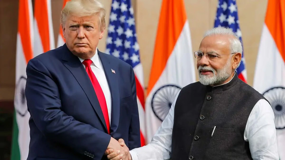 Donald Trump and Narendra Modi in a meeting, discussing the repatriation of 18,000 illegal immigrants.