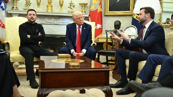 Donald Trump and Volodymyr Zelensky in a tense Oval Office meeting leading to the US halting military aid to Ukraine.