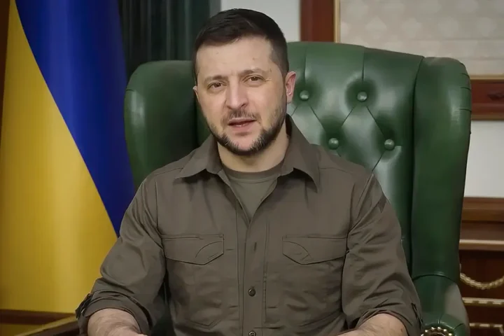 Ukrainian President Volodymyr Zelenskyy addressing the nation during the Russia-Ukraine war, symbolizing resilience and leadership under pressure.