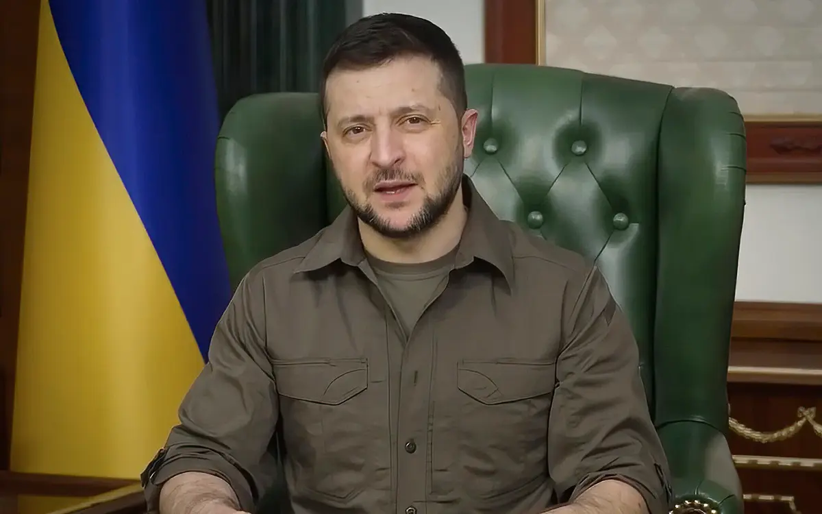 Ukrainian President Volodymyr Zelenskyy addressing the nation during the Russia-Ukraine war, symbolizing resilience and leadership under pressure.