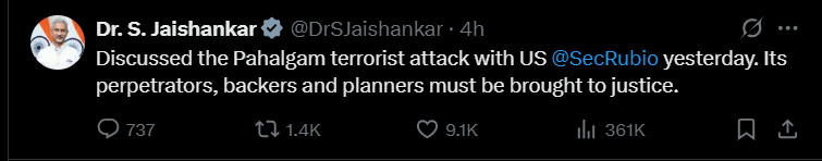 S. Jaishankar discusses Pahalgam terror attack with US Secretary Marco Rubio