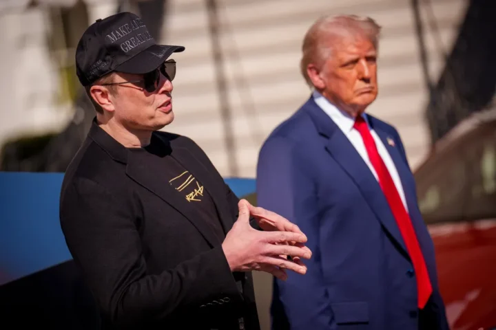 Elon Musk speaking at a press conference after resigning as government adviser over Trump’s spending bill controversy.