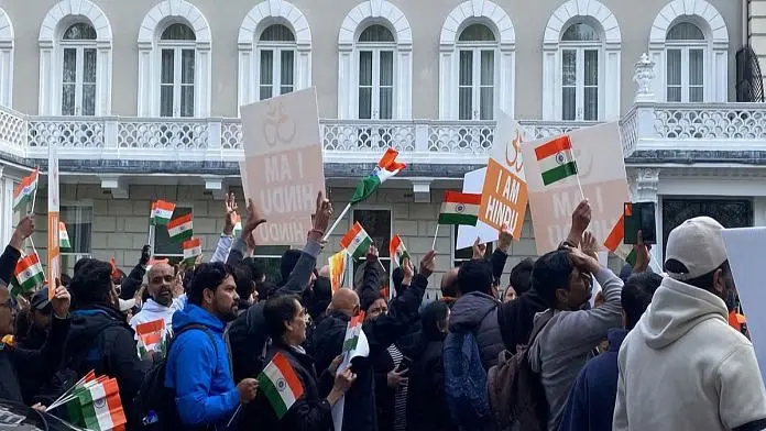 Indian community in London protests outside Pakistan High Commission, holding placards against terrorism and calling for justice.