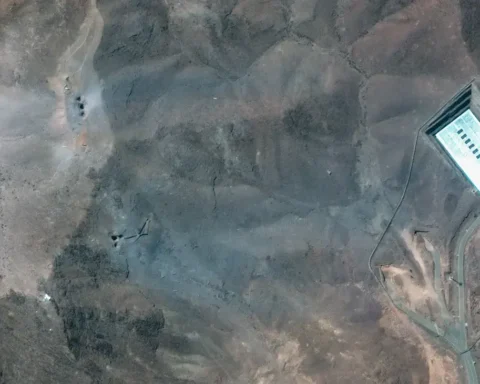 Overview of Iran’s Fordow nuclear site showing surface disruption after US bunker-buster airstrike on June 22, 2025.