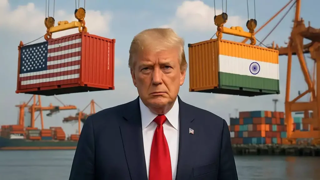 Donald Trump announcing 25% tariffs on Indian imports during trade policy press conference, August 2025