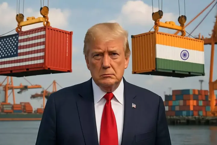 Donald Trump announcing 25% tariffs on Indian imports during trade policy press conference, August 2025