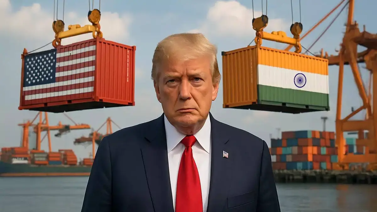 Donald Trump announcing 25% tariffs on Indian imports during trade policy press conference, August 2025