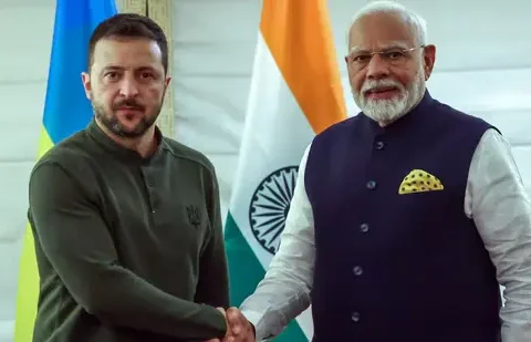 Volodymyr Zelensky with PM Narendra Modi at Mariinskyi Palace, Kyiv, highlighting India’s role in Ukraine war and countering Trump’s war funding claims.