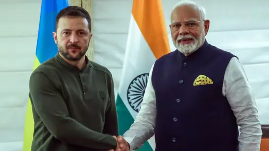 Volodymyr Zelensky with PM Narendra Modi at Mariinskyi Palace, Kyiv, highlighting India’s role in Ukraine war and countering Trump’s war funding claims.