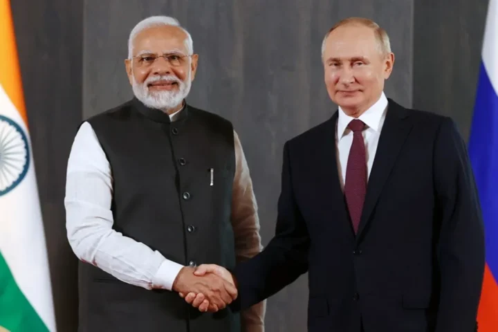 Prime Minister Narendra Modi with Russian President Vladimir Putin during an official meeting, amid reports of an alleged attack on Putin’s residence.