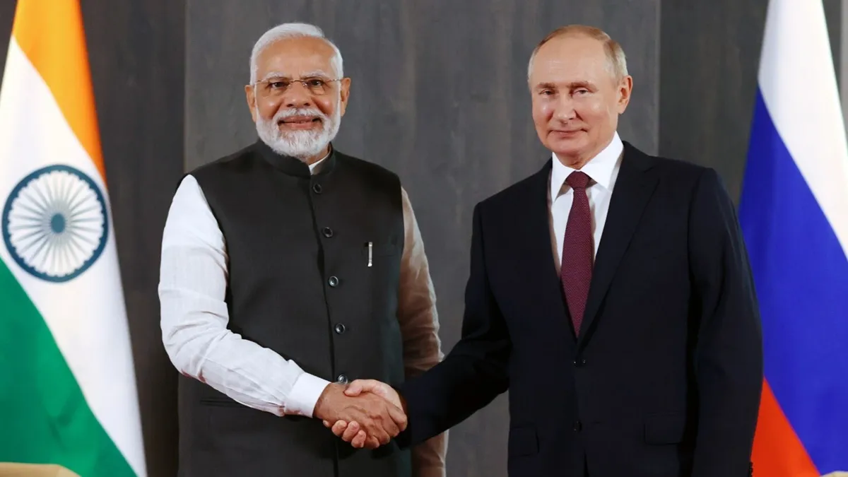 Prime Minister Narendra Modi with Russian President Vladimir Putin during an official meeting, amid reports of an alleged attack on Putin’s residence.
