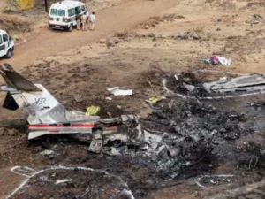 Wreckage of Learjet 45 aircraft that crashed near Baramati airport killing Ajit Pawar and four others