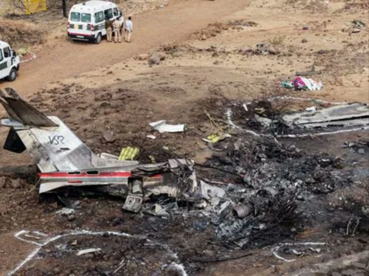 Wreckage of Learjet 45 aircraft that crashed near Baramati airport killing Ajit Pawar and four others