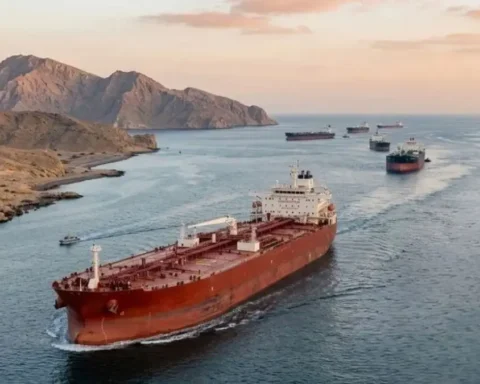 Map view of the Strait of Hormuz showing oil tankers amid rising tensions as Iran reportedly imposes a $2 million transit fee on ships crossing the route.