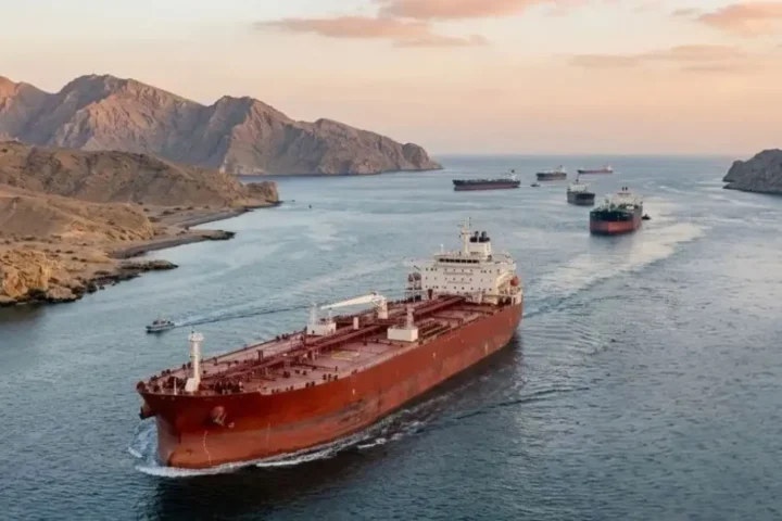 Map view of the Strait of Hormuz showing oil tankers amid rising tensions as Iran reportedly imposes a $2 million transit fee on ships crossing the route.