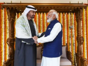 Prime Minister Narendra Modi meeting UAE President Sheikh Mohamed bin Zayed during delegation talks in Abu Dhabi over energy and defence agreements.