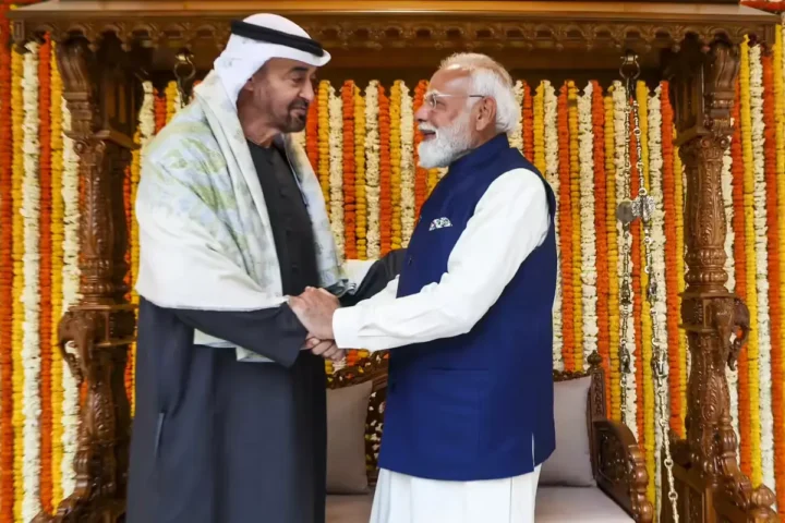 Prime Minister Narendra Modi meeting UAE President Sheikh Mohamed bin Zayed during delegation talks in Abu Dhabi over energy and defence agreements.