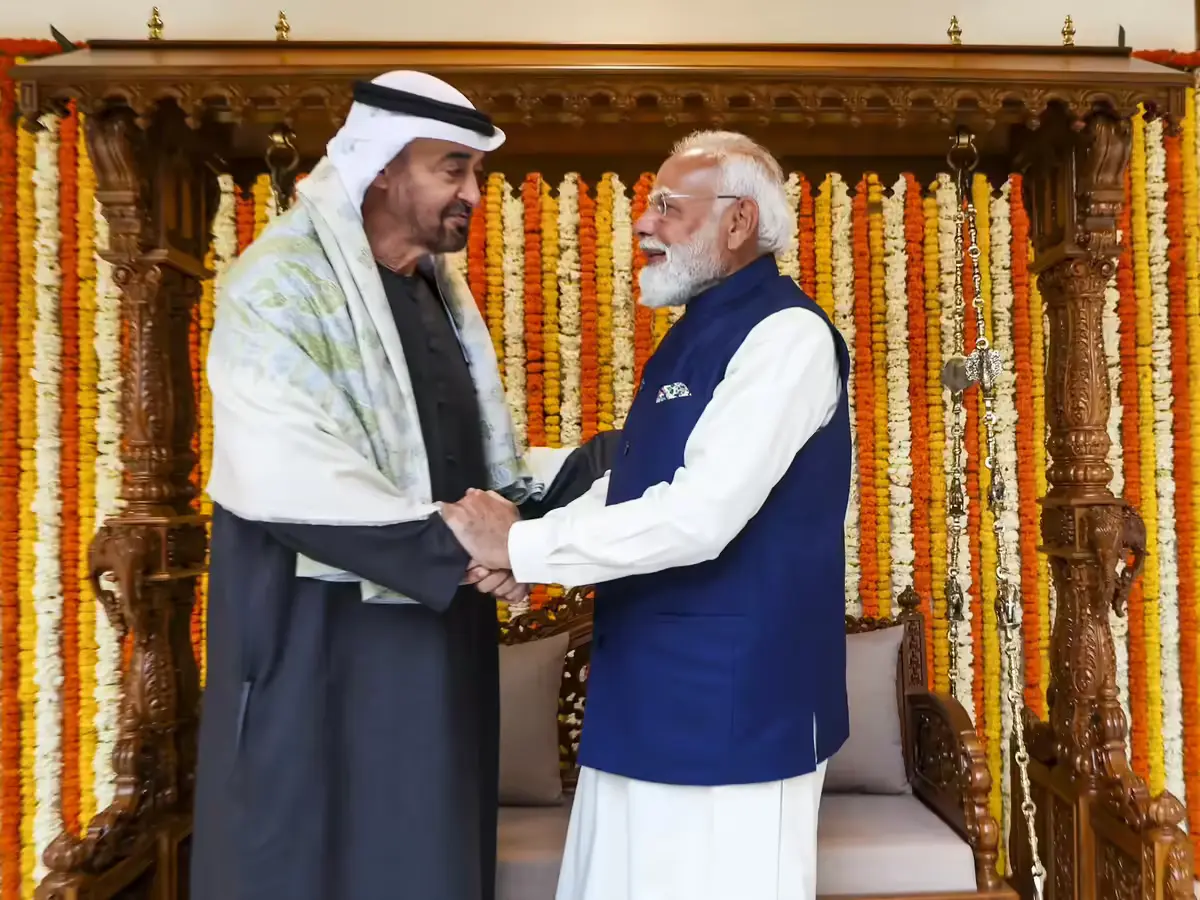 Prime Minister Narendra Modi meeting UAE President Sheikh Mohamed bin Zayed during delegation talks in Abu Dhabi over energy and defence agreements.