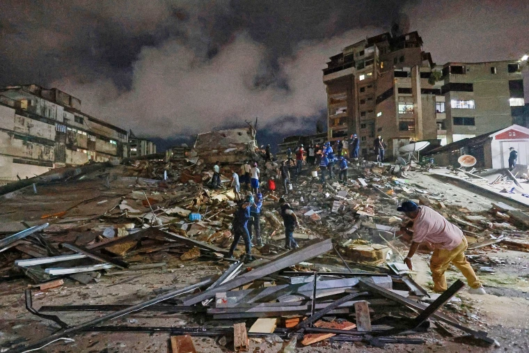 Rescue personnel search through collapsed buildings after a powerful earthquake struck Venezuela, leaving hundreds dead and thousands injured.