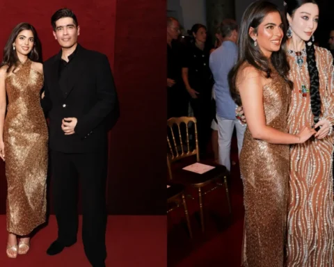 Isha Ambani wearing a handcrafted gold couture gown by Manish Malhotra at Paris Haute Couture Week 2026