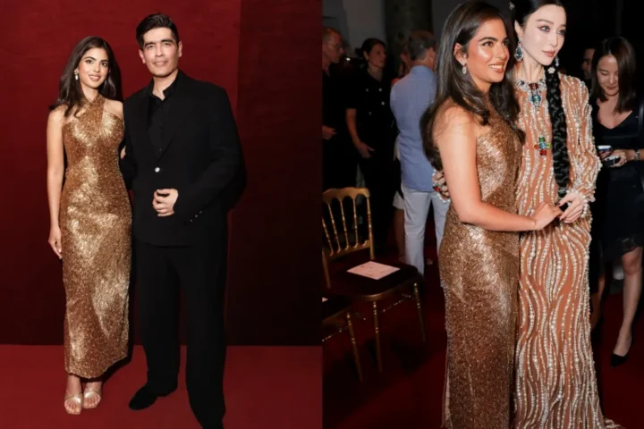 Isha Ambani wearing a handcrafted gold couture gown by Manish Malhotra at Paris Haute Couture Week 2026