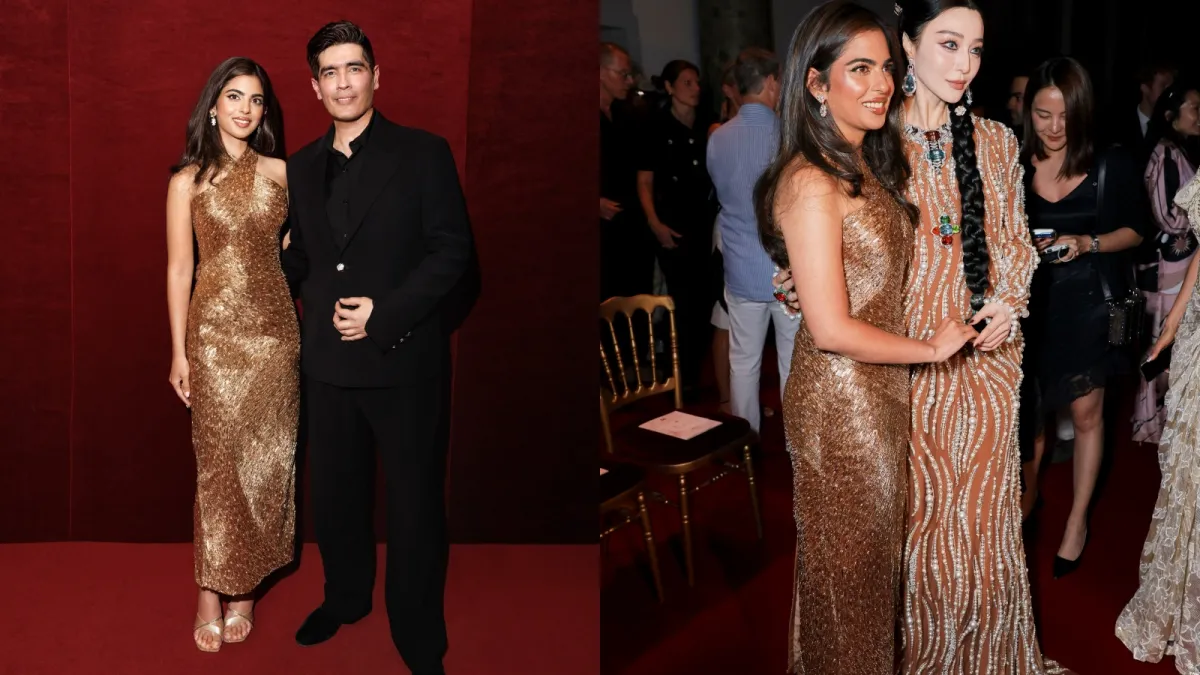 Isha Ambani wearing a handcrafted gold couture gown by Manish Malhotra at Paris Haute Couture Week 2026